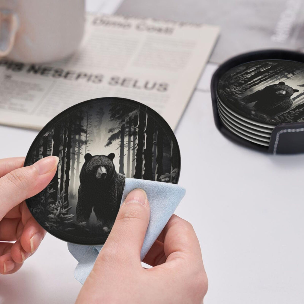 Black 6 Pcs Leather Coasters with Holder W1861