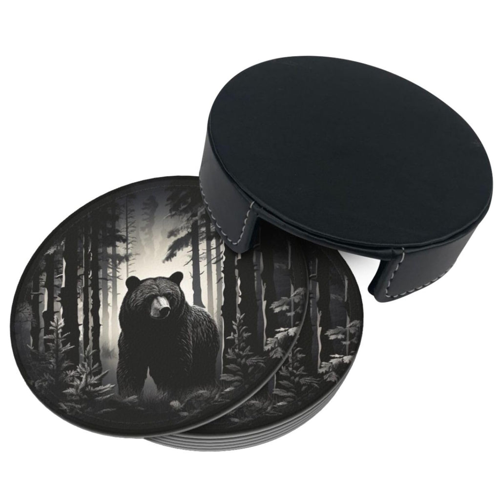 Black 6 Pcs Leather Coasters with Holder W1861