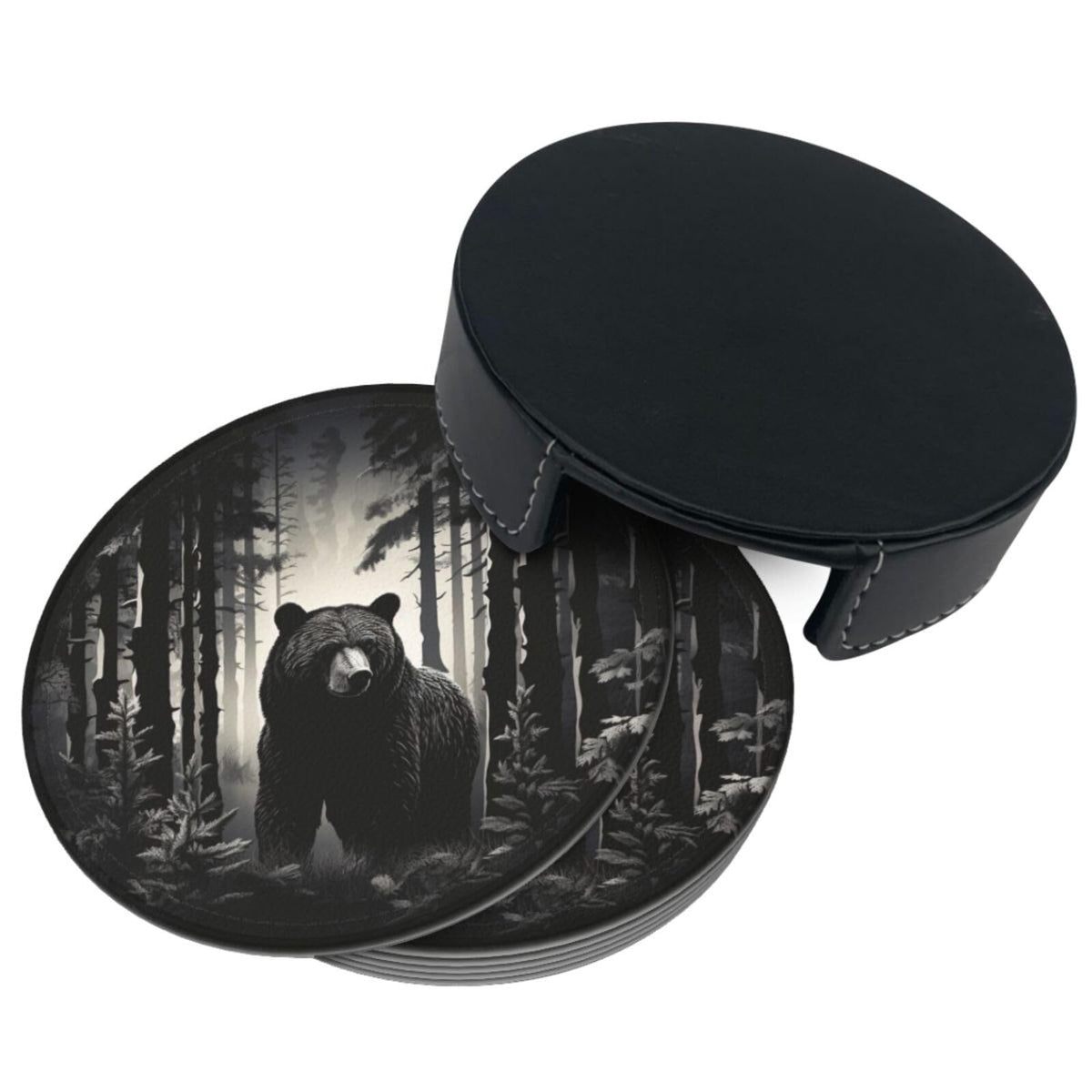 Black 6 Pcs Leather Coasters with Holder W1861