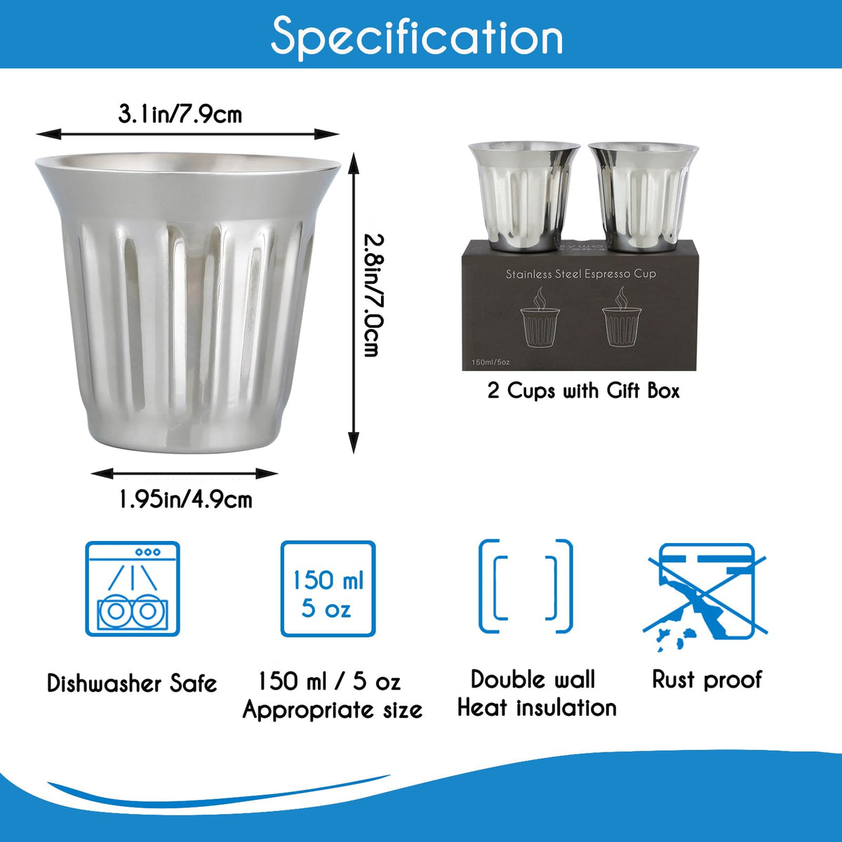 French Press 34 oz Stainless Steel Espresso Cups 5 oz Set of 2 N5665