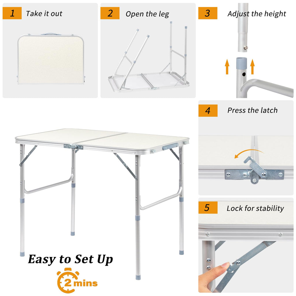Aluminum Folding Table, Portable and Adjustable Rectangle Table, White (3FT) Y647934