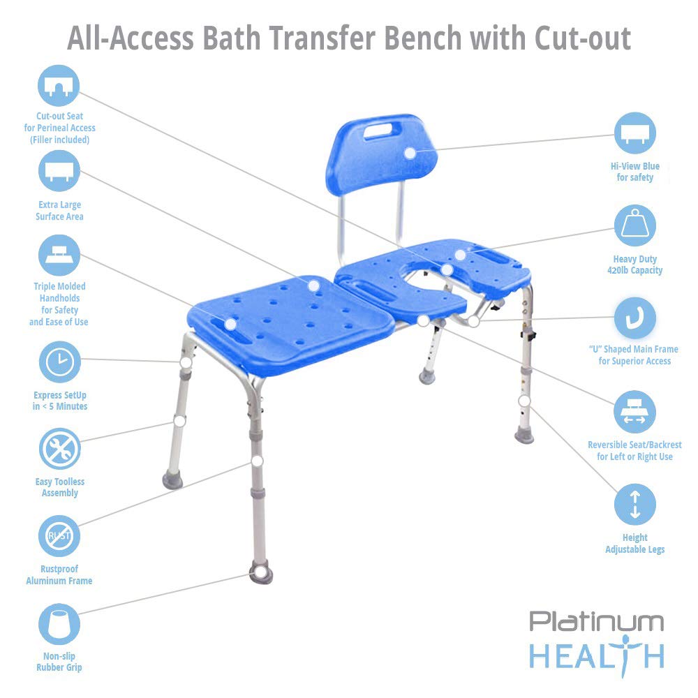 Bath Transfer Bench with Cutout Shower Seat, Adjustable Height, Blue Z5018