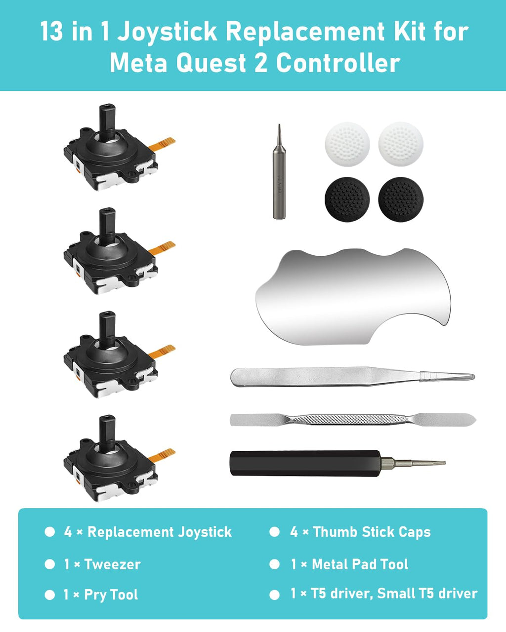 Joystick Replacement Kit for Controller, Include 2 Joysticks, T5 Screwdriver, Tweezer, Pry Tool, 4 Thumbstick Grips U8850