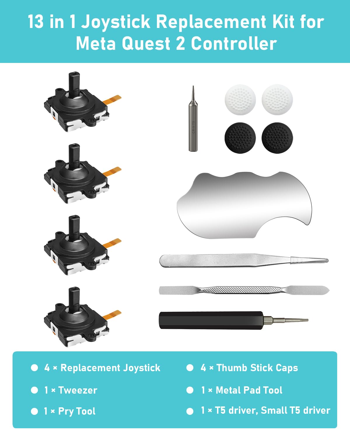 Joystick Replacement Kit for Controller, Include 2 Joysticks, T5 Screwdriver, Tweezer, Pry Tool, 4 Thumbstick Grips U8850