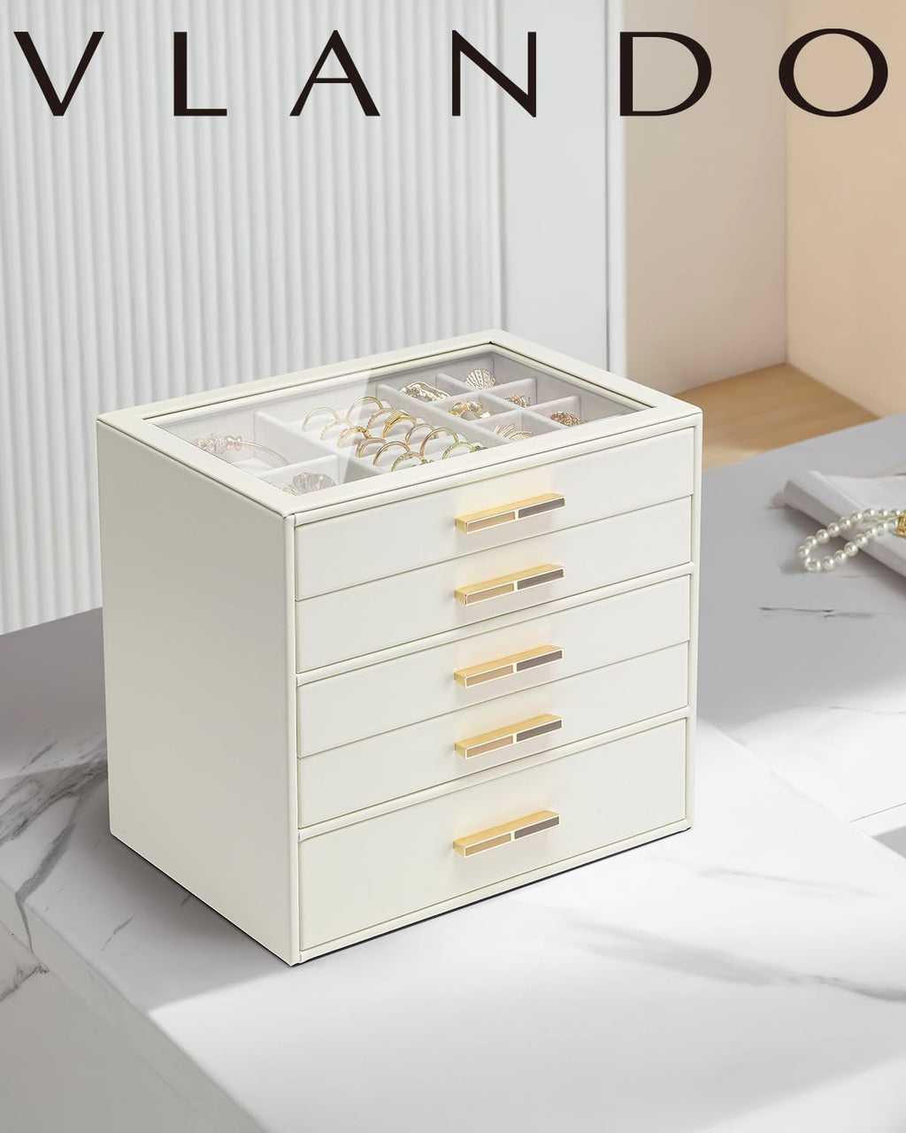 5 Layer Glass Lid Jewelry Organizer with 5 Drawers D7337