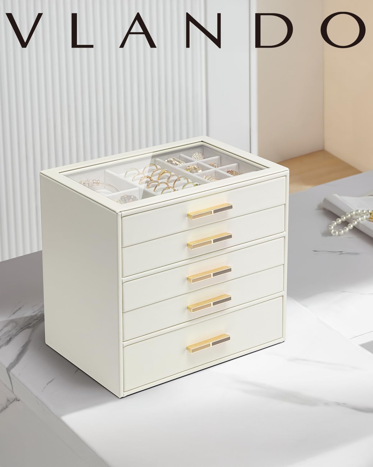 5 Layer Glass Lid Jewelry Organizer with 5 Drawers D7337