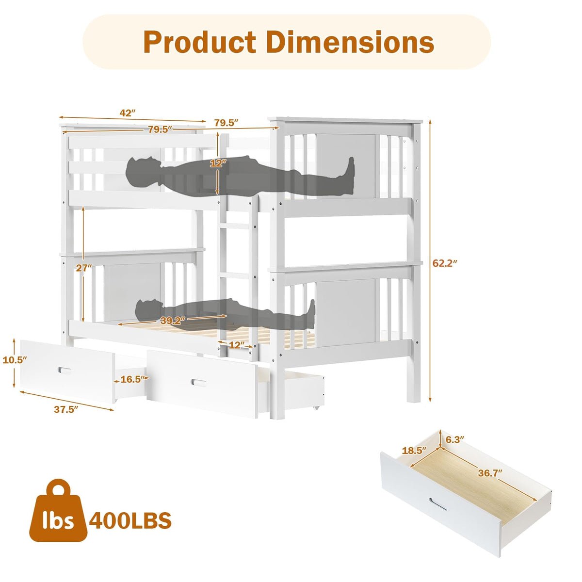 Solid Wood Twin-Over-Twin Bunk Bed with 2 Storage Drawers U953316