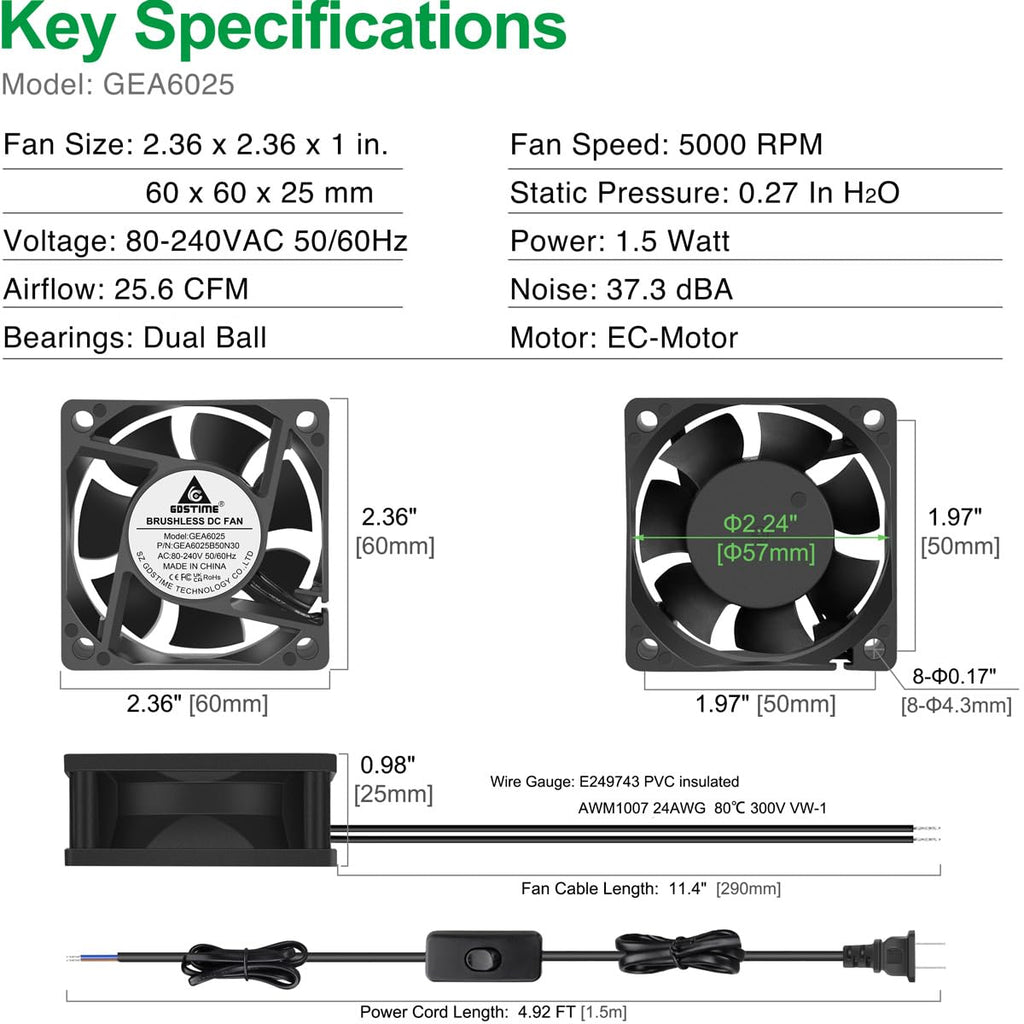 EC Cooling Fan 60mm x 60mm x 25mm AC 110V 240V Dual Ball Bearings Pack of 2 O530