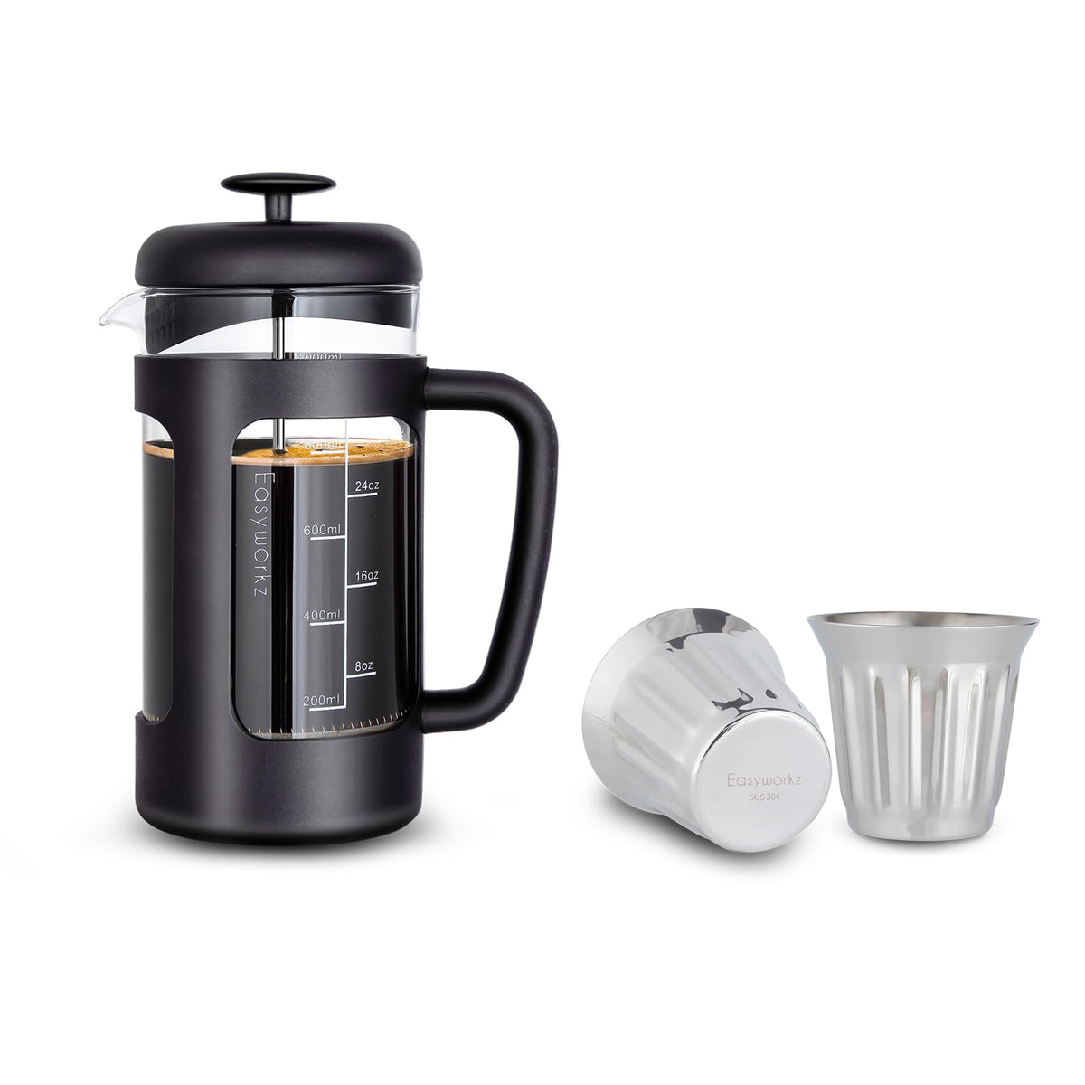 French Press 34 oz Stainless Steel Espresso Cups 5 oz Set of 2 N5665