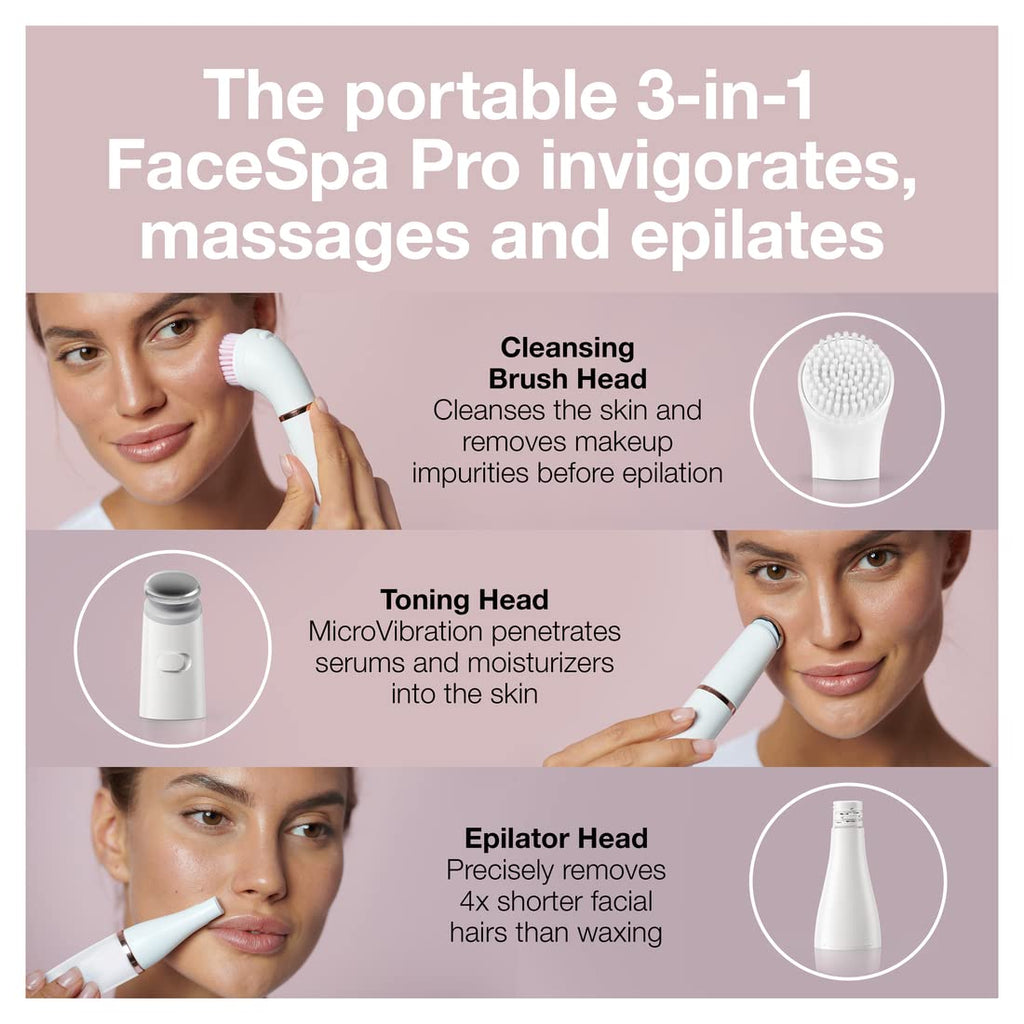 Facial Hair Removal Device 3-in-1 Epilating Cleansing Brush and Skin Toning F8632
