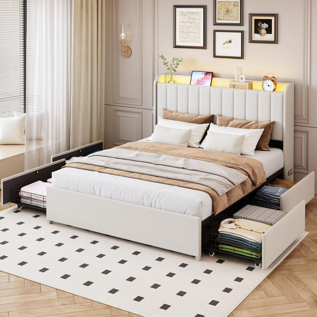 Beige Upholstered Full Size Bed Frame with 4 Drawers and Storage Headboard O5189