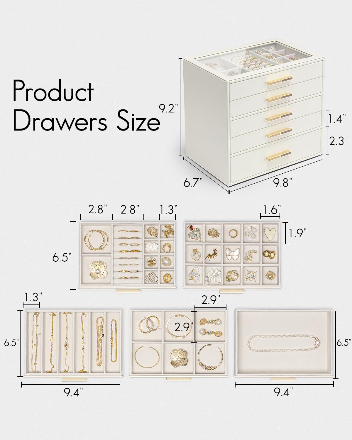 5 Layer Glass Lid Jewelry Organizer with 5 Drawers D7337