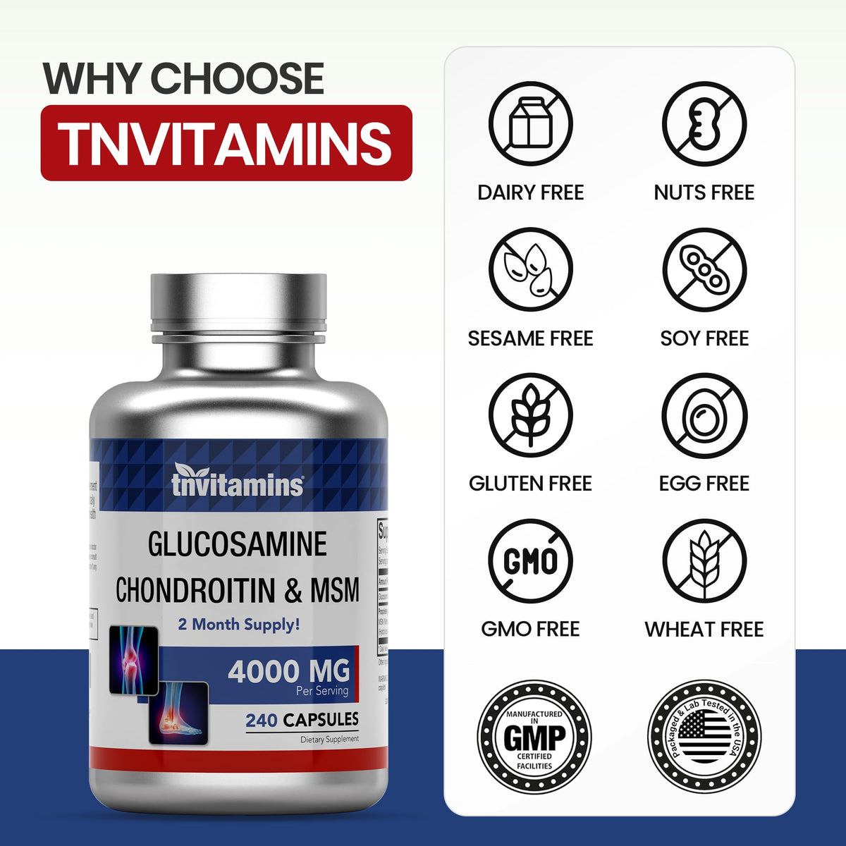 Glucosamine Chondroitin MSM 240 Capsules 4,000 mg Joint Support Supplement L84094