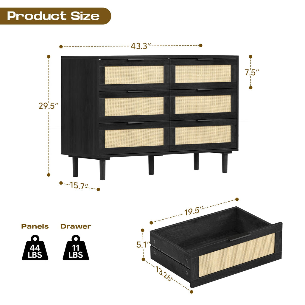 6 Drawer Rattan Wood Dresser U9317