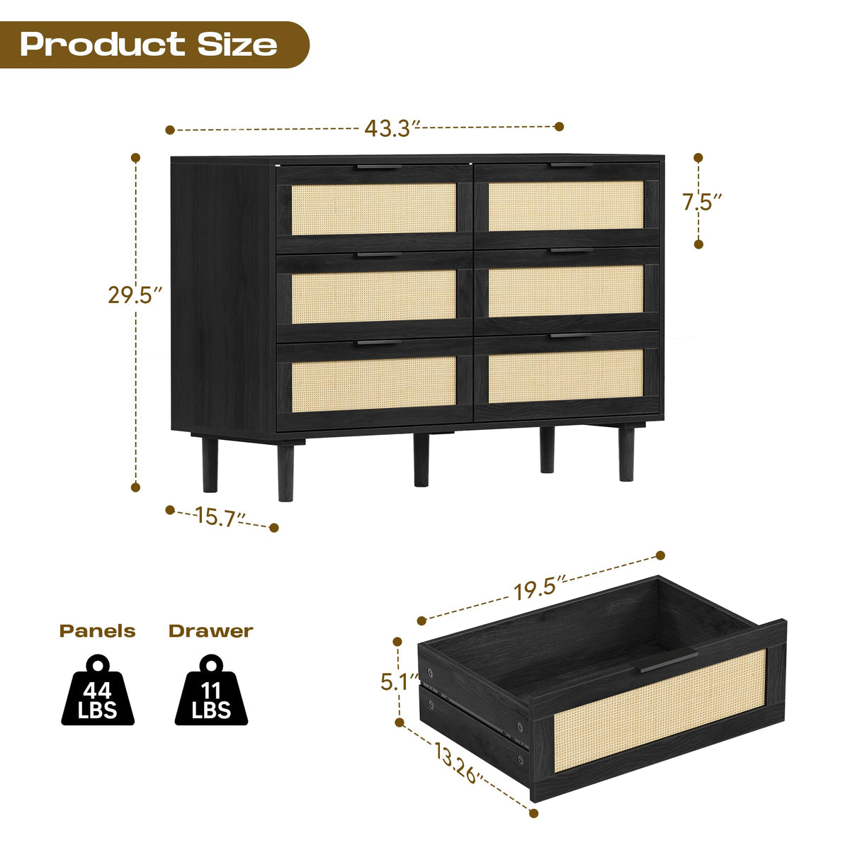 6 Drawer Rattan Wood Dresser U9317