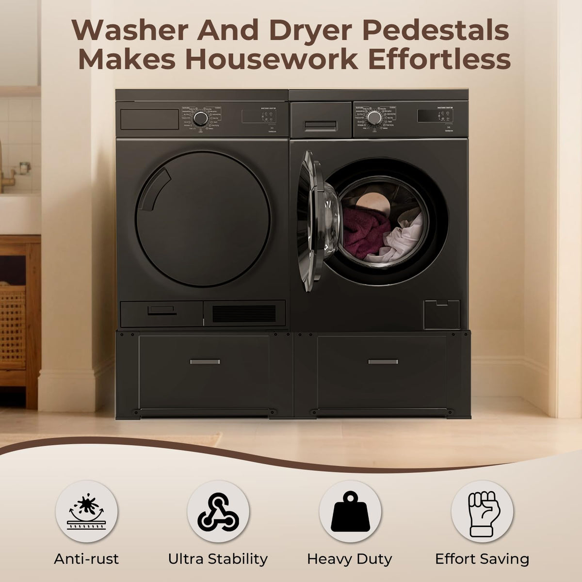 29" Washer and Dryer Pedestals with Drawer Set of 2 Black J23408