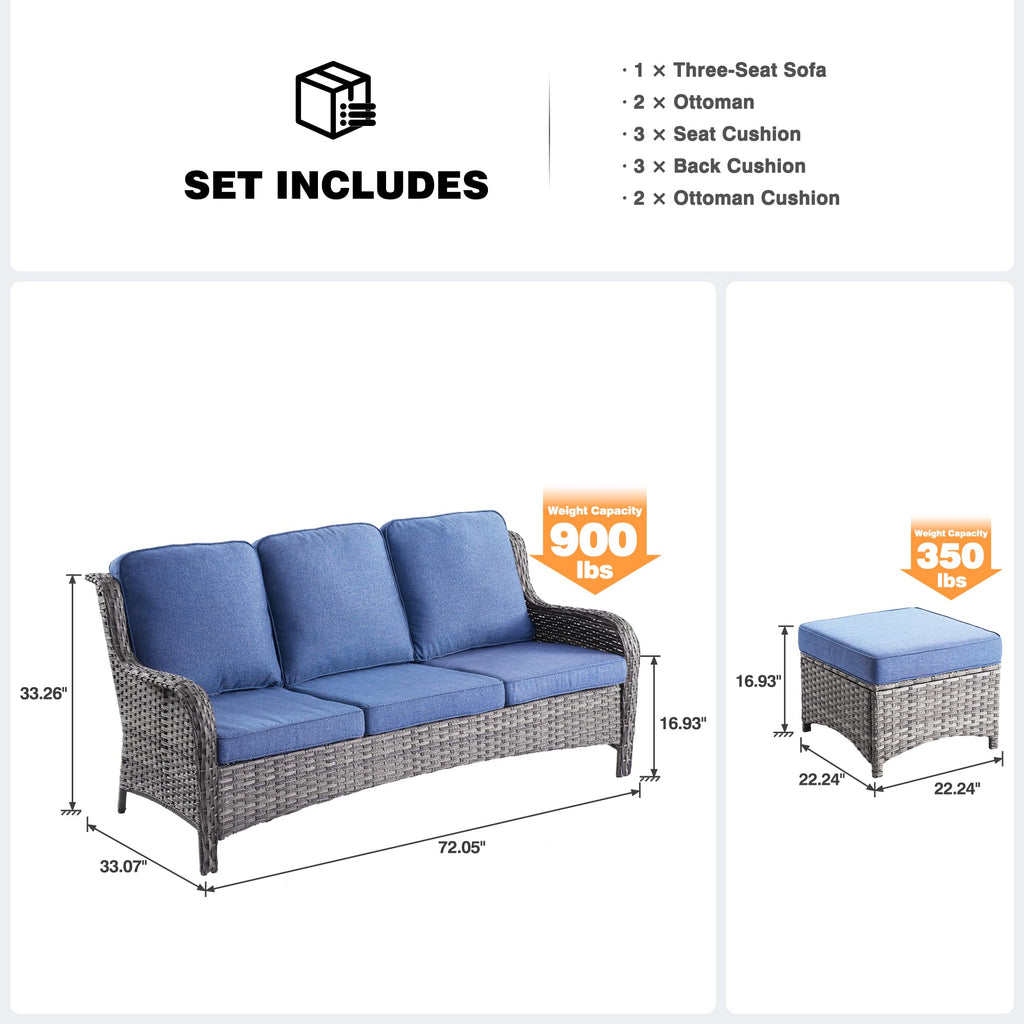 3-Pieces Outdoor Wicker Sofa with 2 Ottomans I89286
