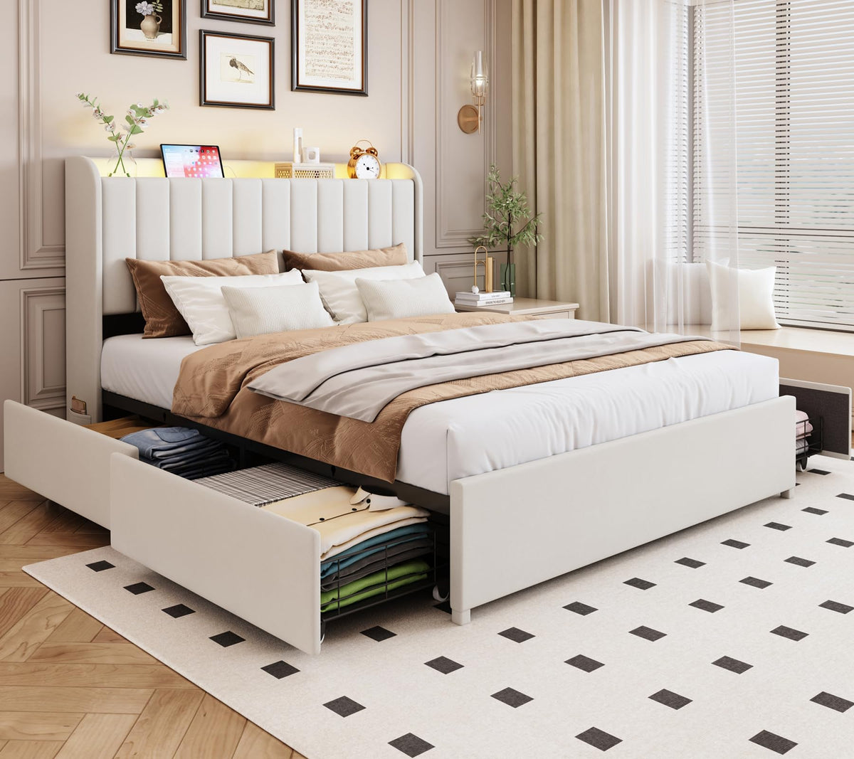 Beige Upholstered Full Size Bed Frame with 4 Drawers and Storage Headboard O5189
