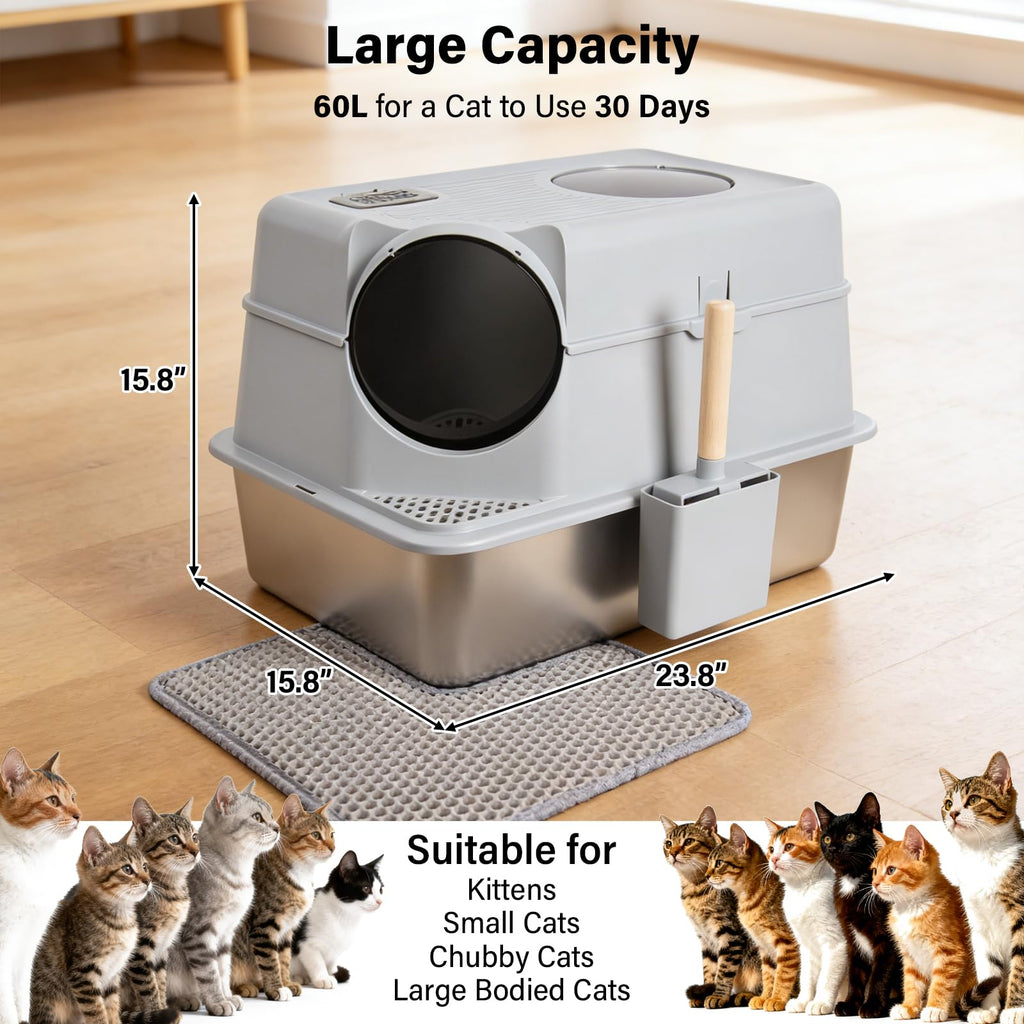 XL Stainless Steel Enclosed Cat Litter Box with Lid M3163