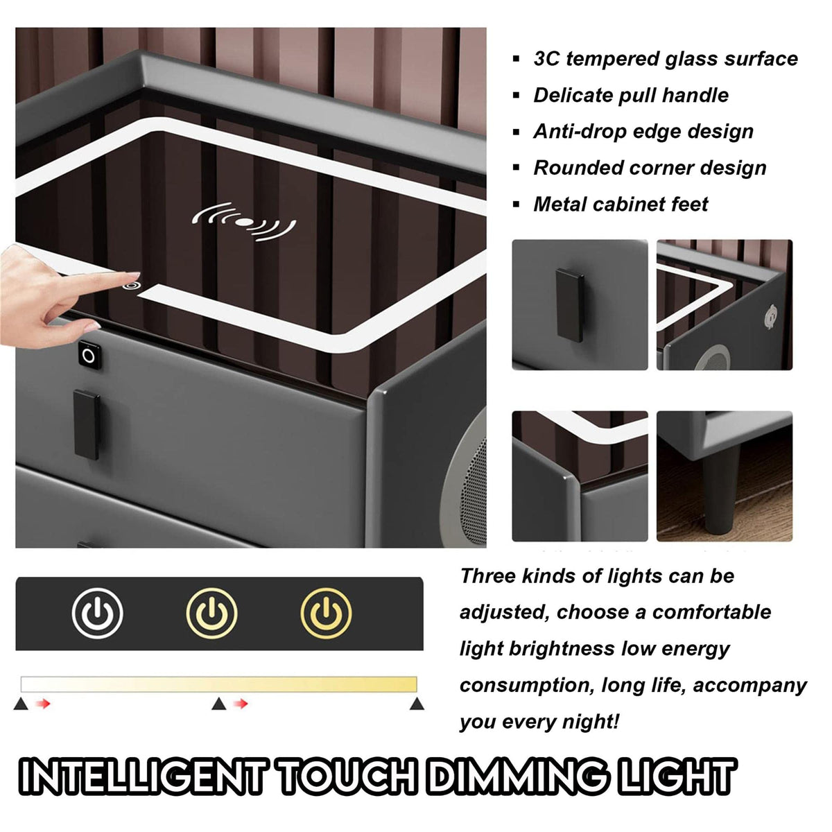 3-Color LED Nightstand with Wireless Charging Station and USB A286
