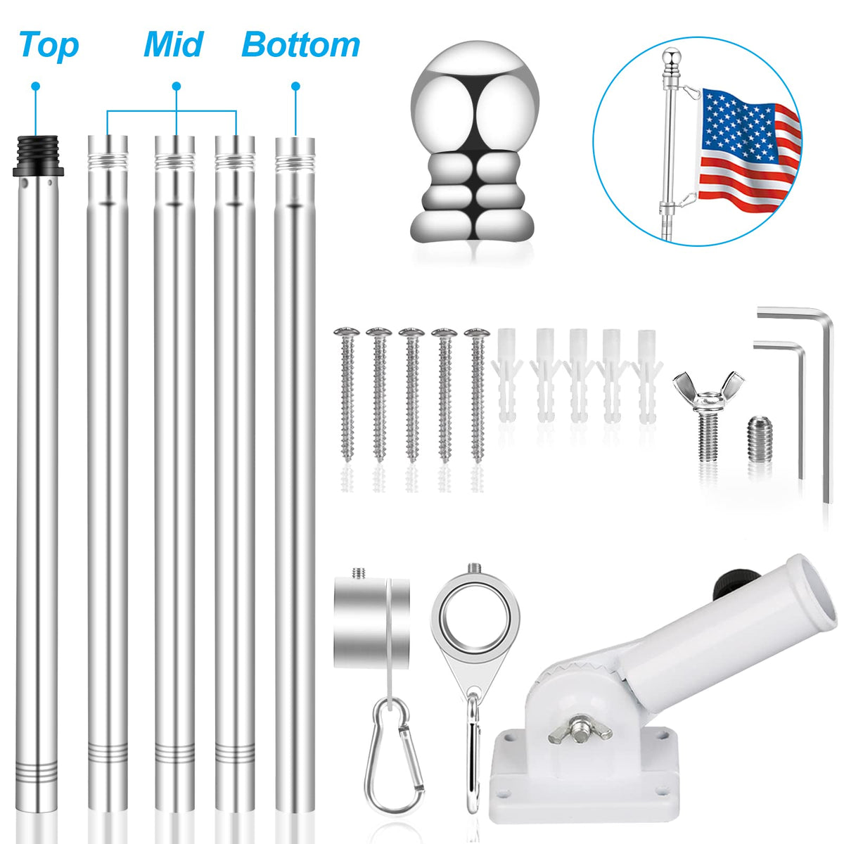 6 FT Metal Flagpole Kit and Stainless Steel Flagpole Clips T89760