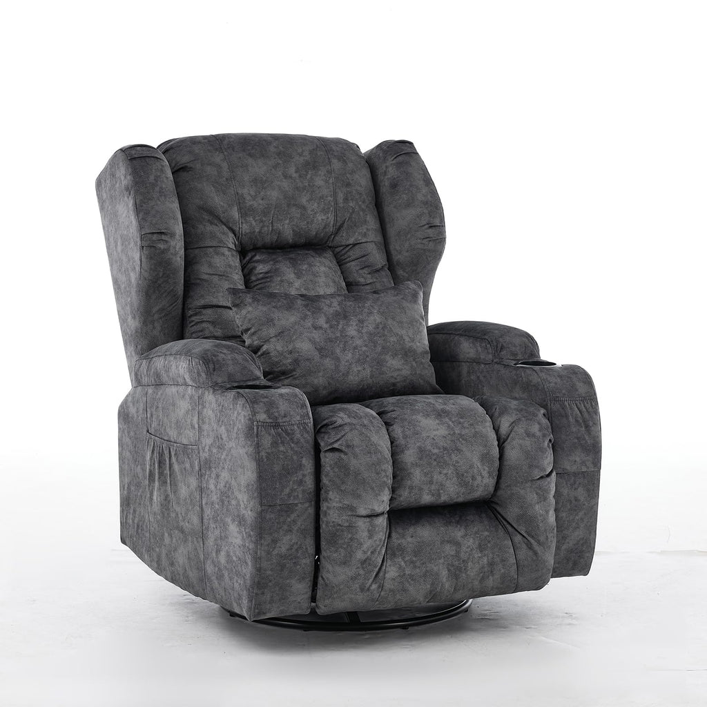 Velvet Gray Swivel Rocker Recliner Chair with Cup Holders J868