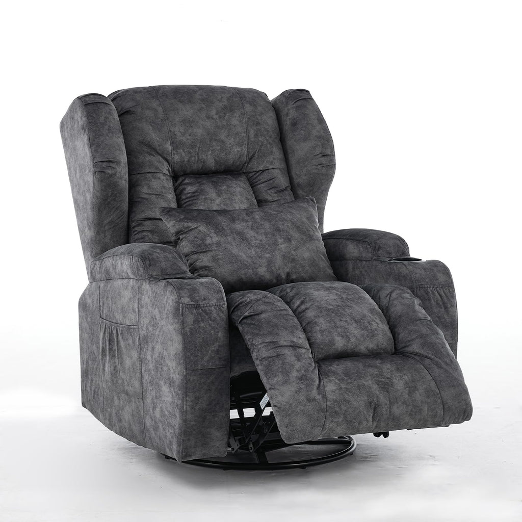 Velvet Gray Swivel Rocker Recliner Chair with Cup Holders J868