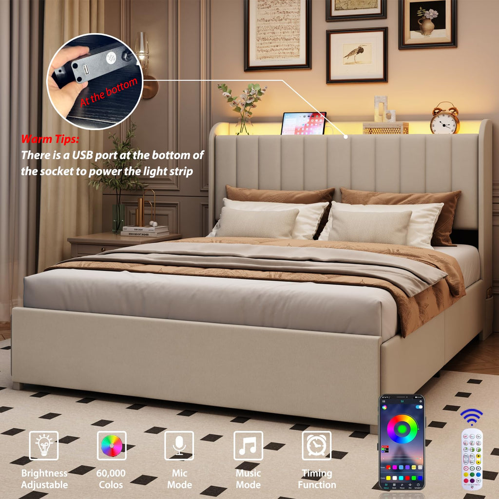 Beige Upholstered Full Size Bed Frame with 4 Drawers and Storage Headboard O5189