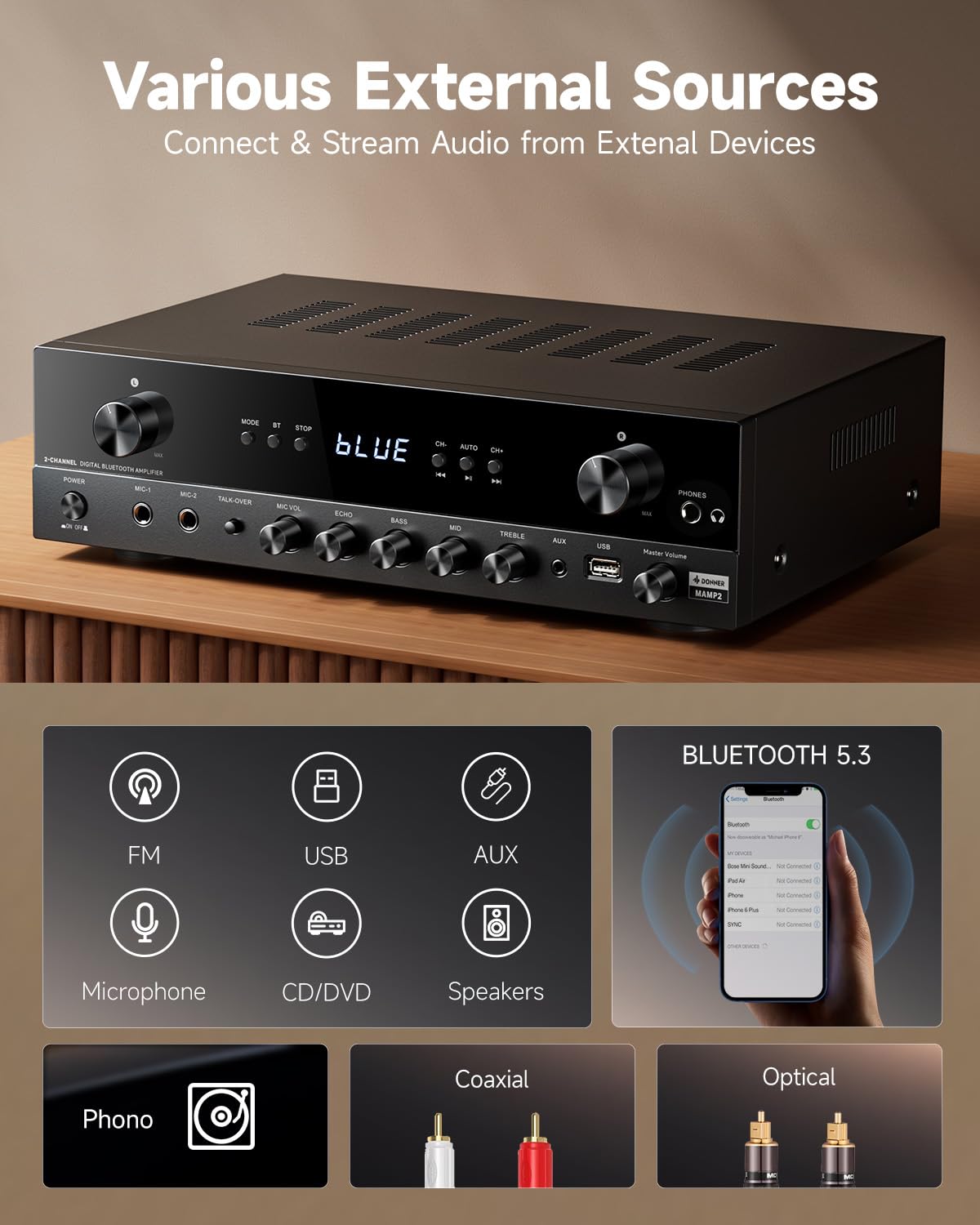600W 2 Channel Stereo Audio Amplifier with Bluetooth B7959