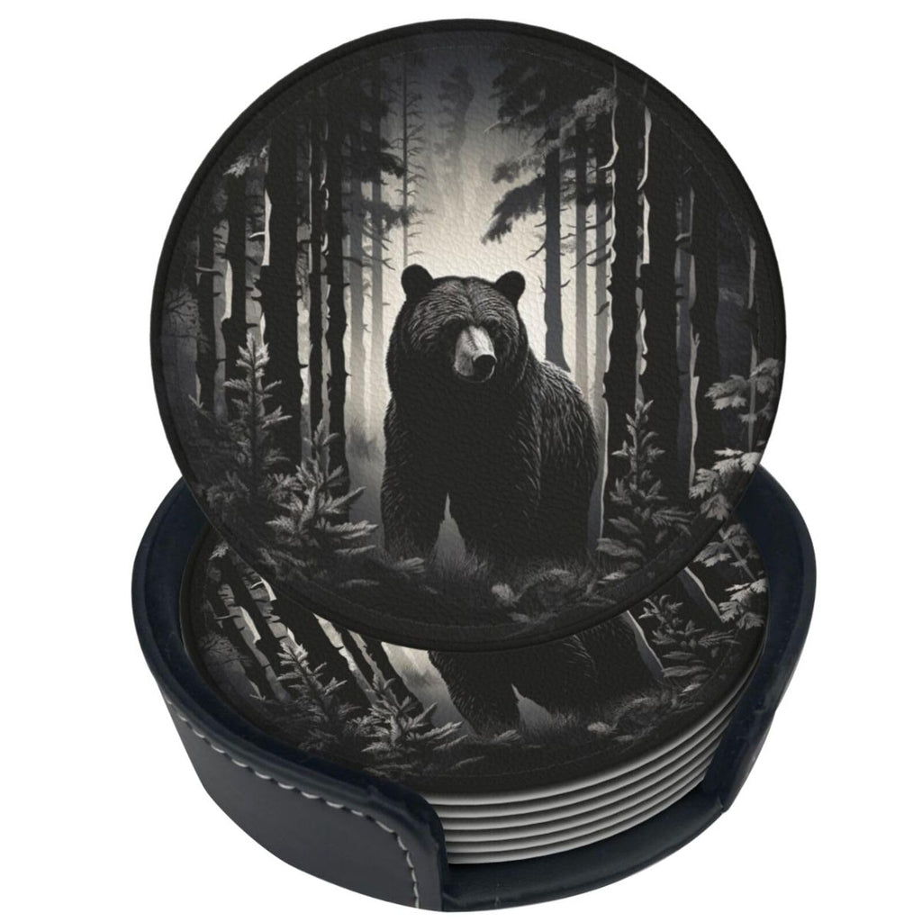 Black 6 Pcs Leather Coasters with Holder W1861