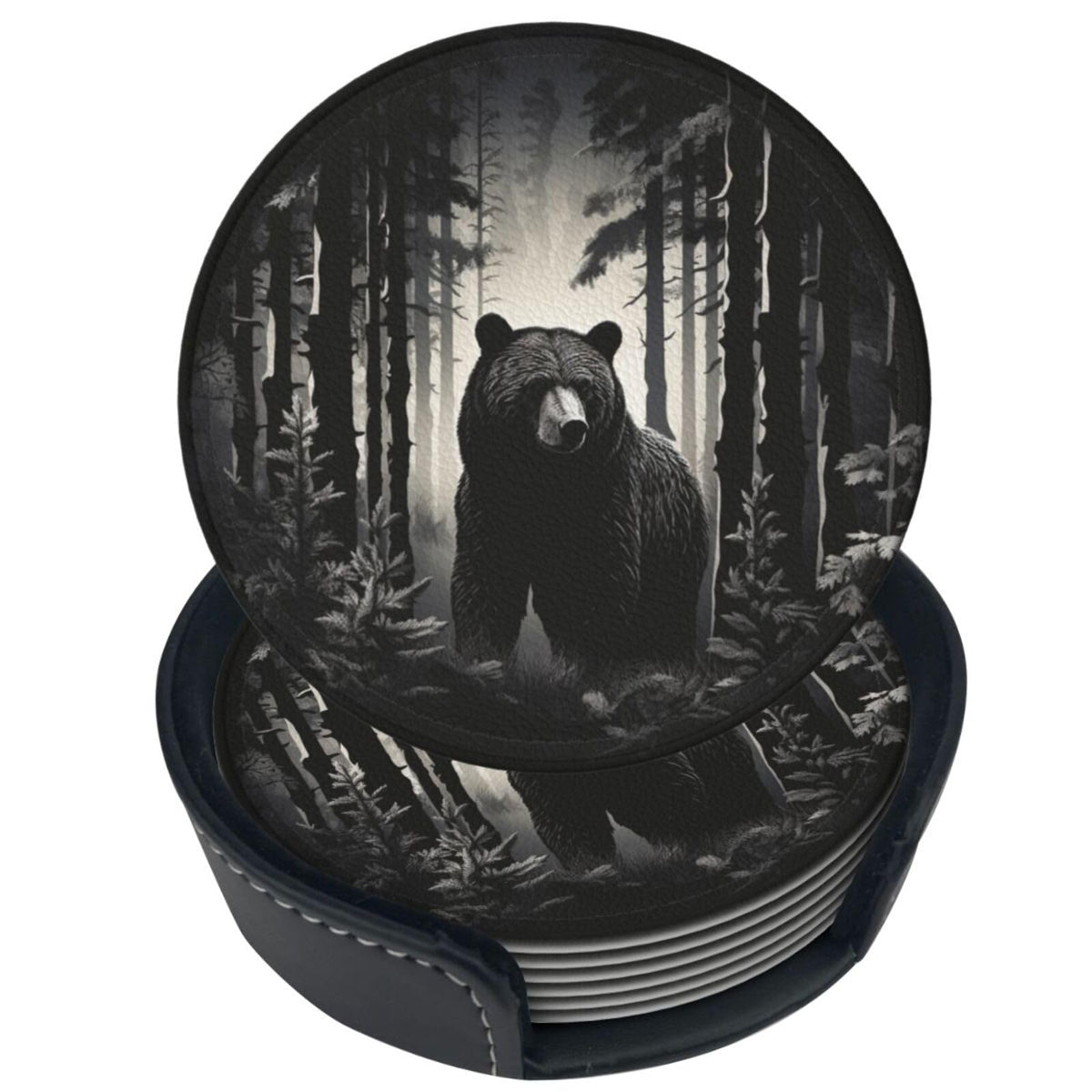 Black 6 Pcs Leather Coasters with Holder W1861