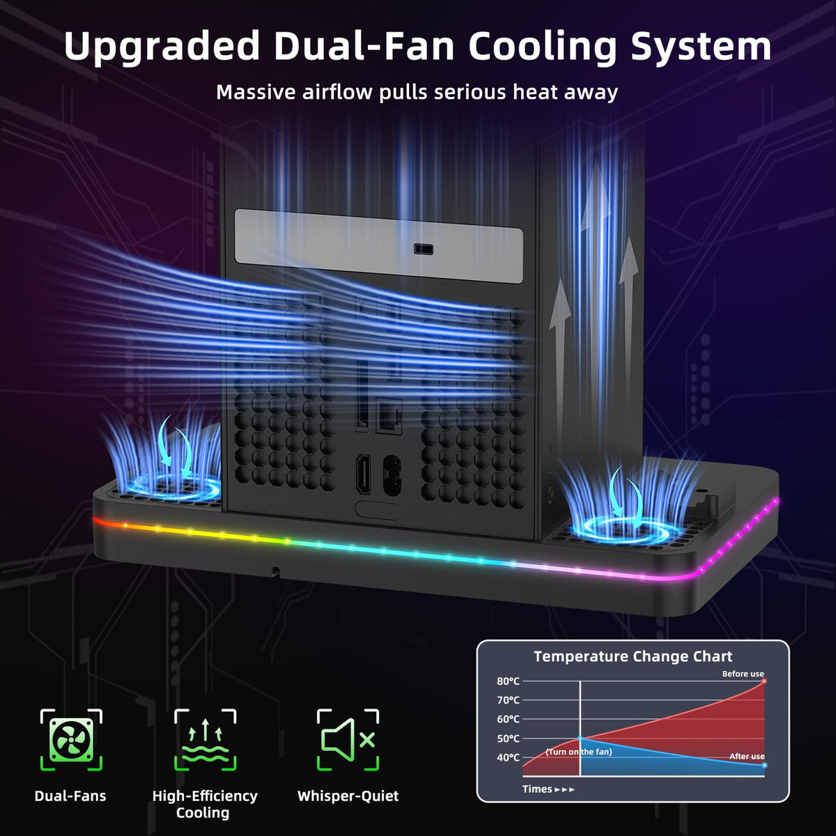 Black Cooling Fan Charging Stand with 3 USB Ports O6248