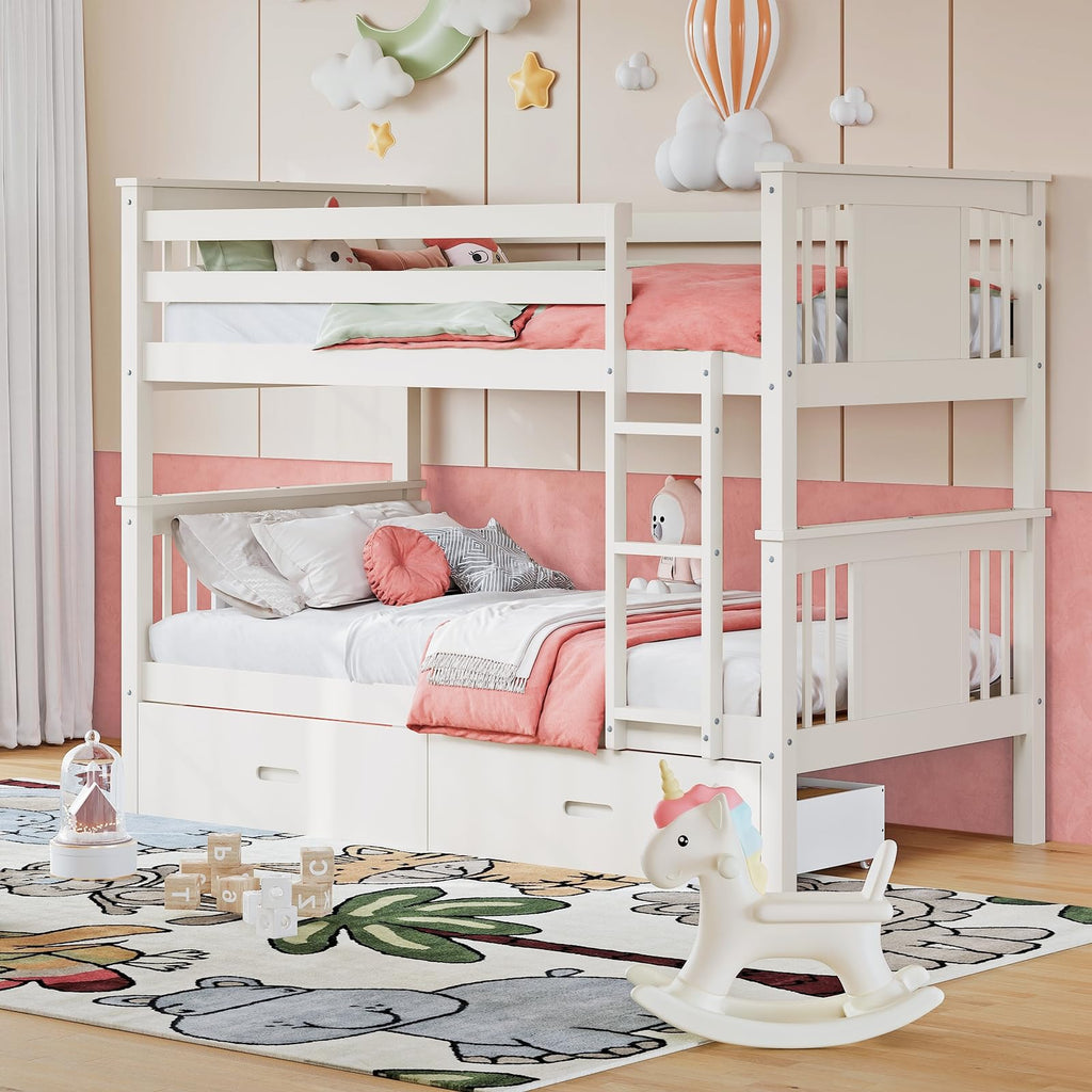 Solid Wood Twin-Over-Twin Bunk Bed with 2 Storage Drawers U953316