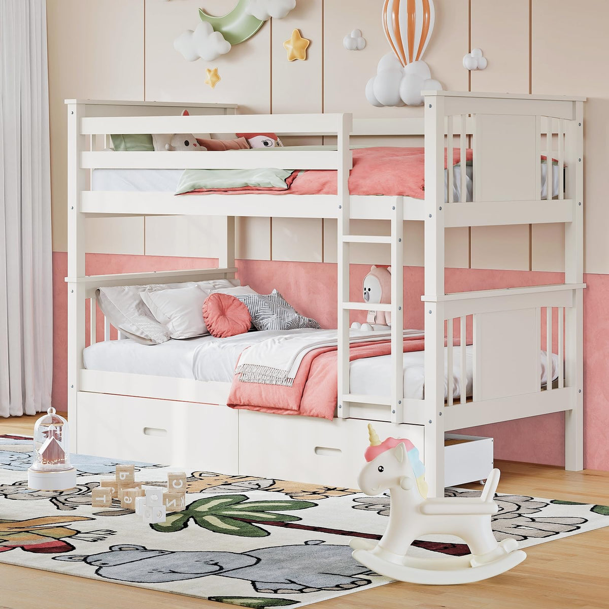 Solid Wood Twin-Over-Twin Bunk Bed with 2 Storage Drawers U953316