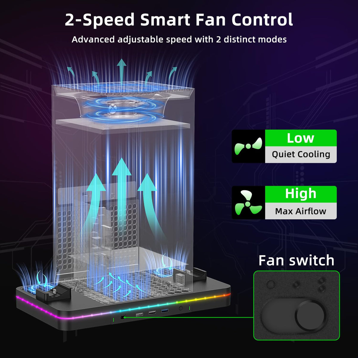 Black Cooling Fan Charging Stand with 3 USB Ports O6248