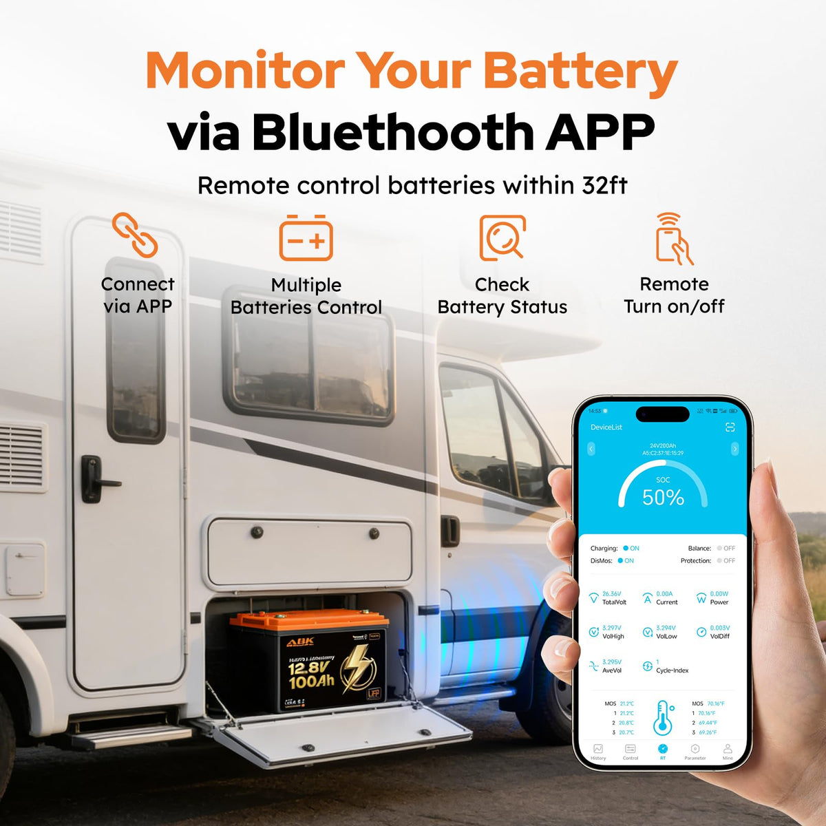 12V 100Ah LiFePO4 Lithium Battery with Bluetooth Monitoring & Low-Temp Protection W107