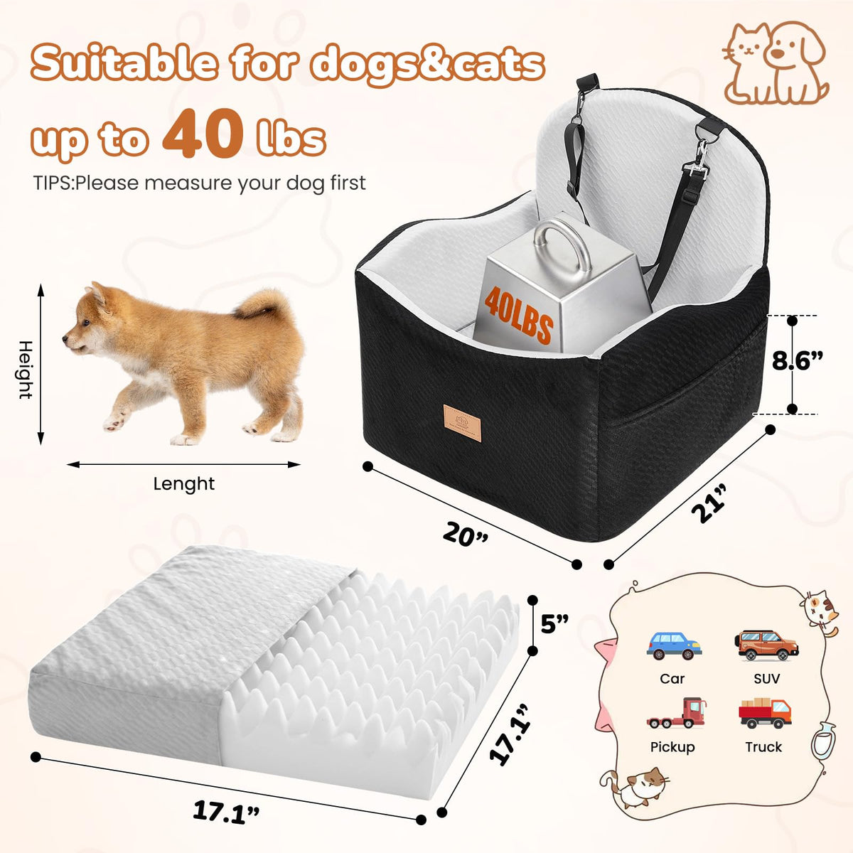 Dog Booster Car Seat for Small Dogs Up to 40lbs with Safety Belt U846