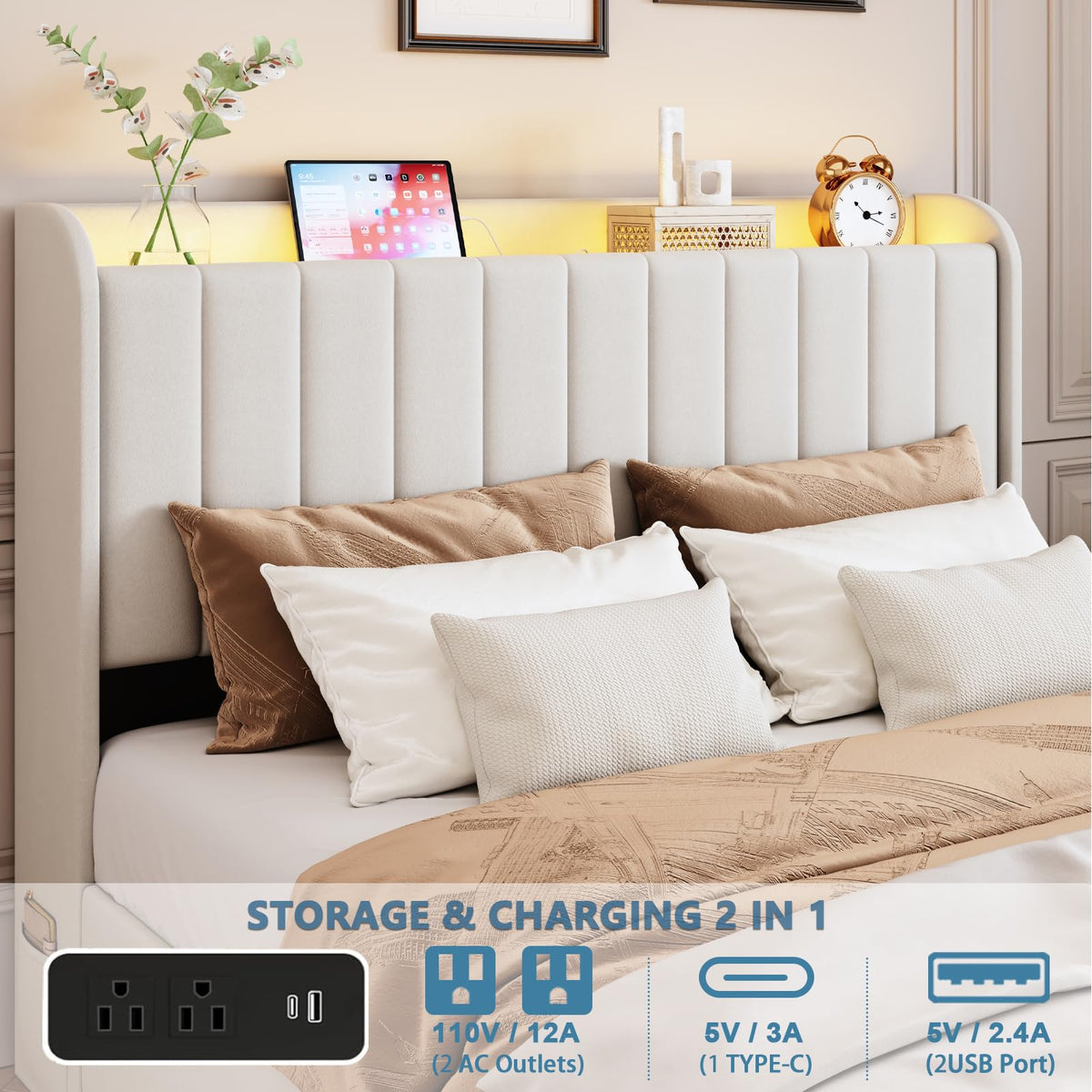 Beige Upholstered Full Size Bed Frame with 4 Drawers and Storage Headboard O5189