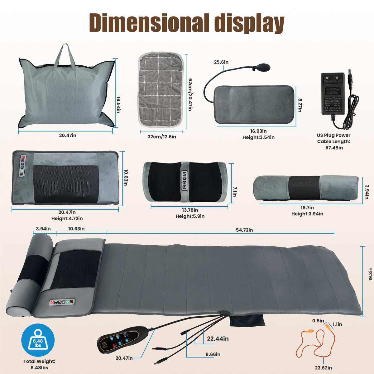 Full Body Massage Mat with Heat, 10 Vibrating Nodes, 9 Modes, 3 Heating Levels, Detachable Neck Foot Massager M670780