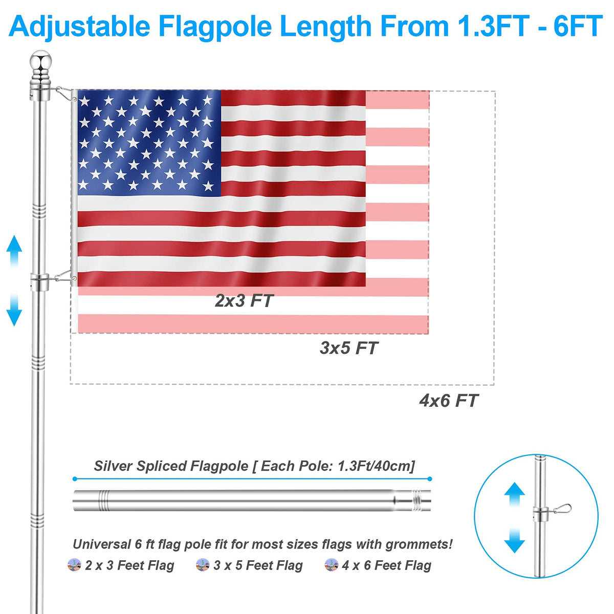 6 FT Metal Flagpole Kit and Stainless Steel Flagpole Clips T89760