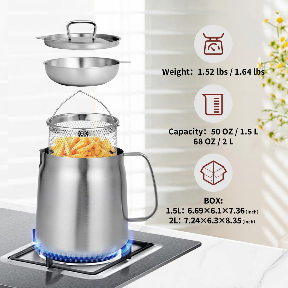 68oz 304 Stainless Steel Deep Fryer Pot with Basket Z3338