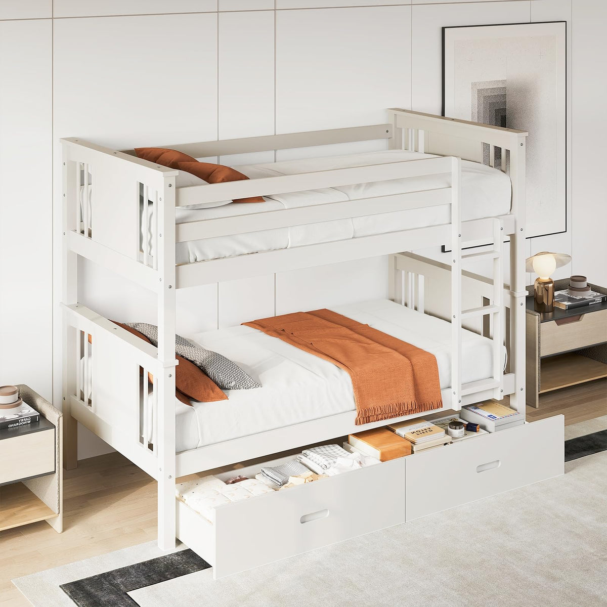 Solid Wood Twin-Over-Twin Bunk Bed with 2 Storage Drawers U953316