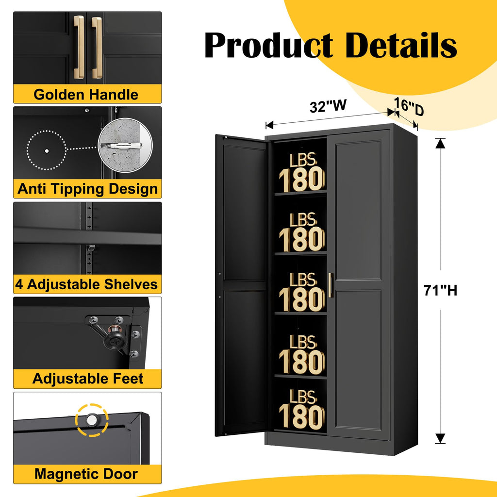 71" Metal Pantry Storage Cabinet with Doors & 4 Adjustable Shelves K475020
