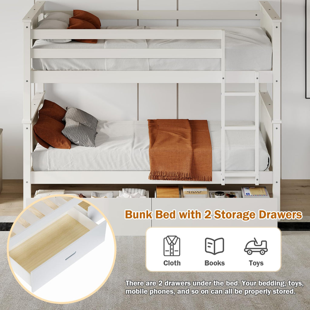 Solid Wood Twin-Over-Twin Bunk Bed with 2 Storage Drawers U953316