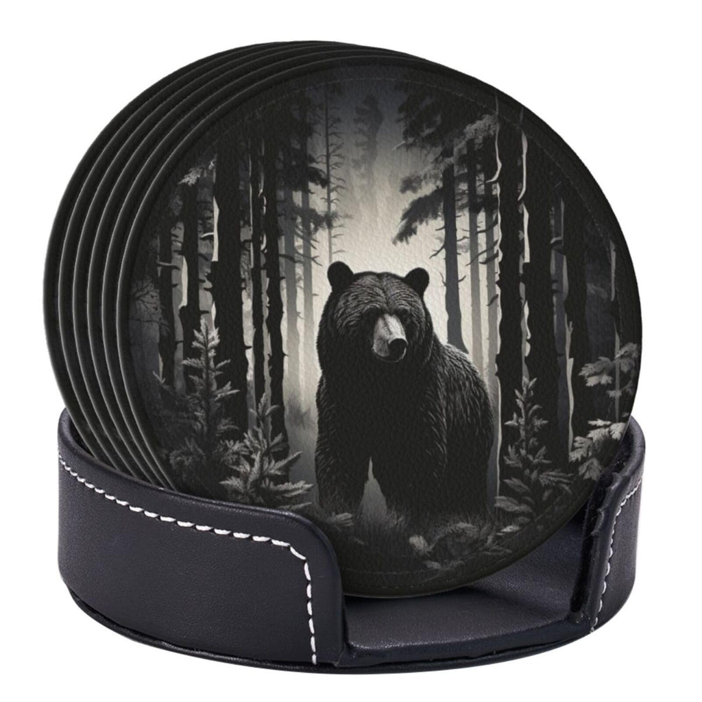 Black 6 Pcs Leather Coasters with Holder W1861