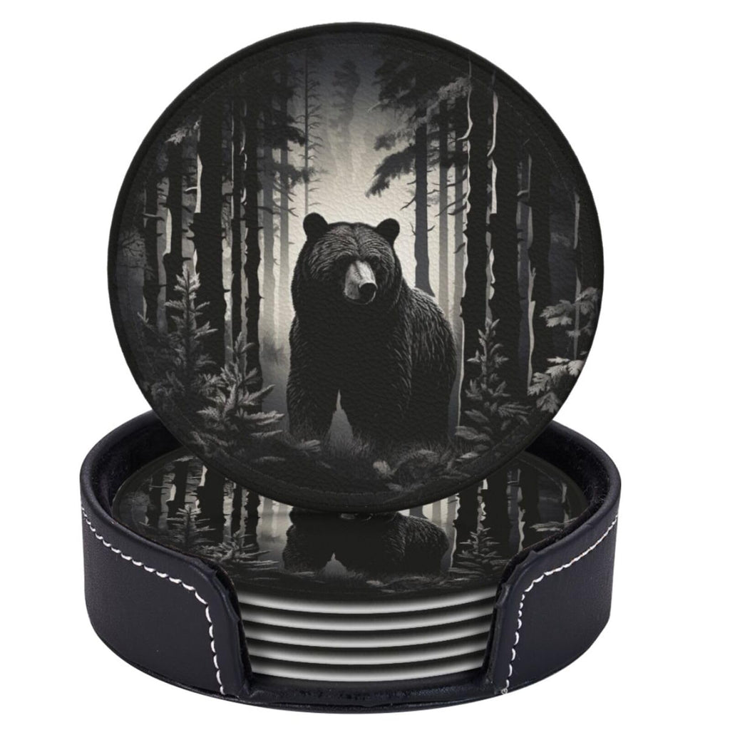 Black 6 Pcs Leather Coasters with Holder W1861