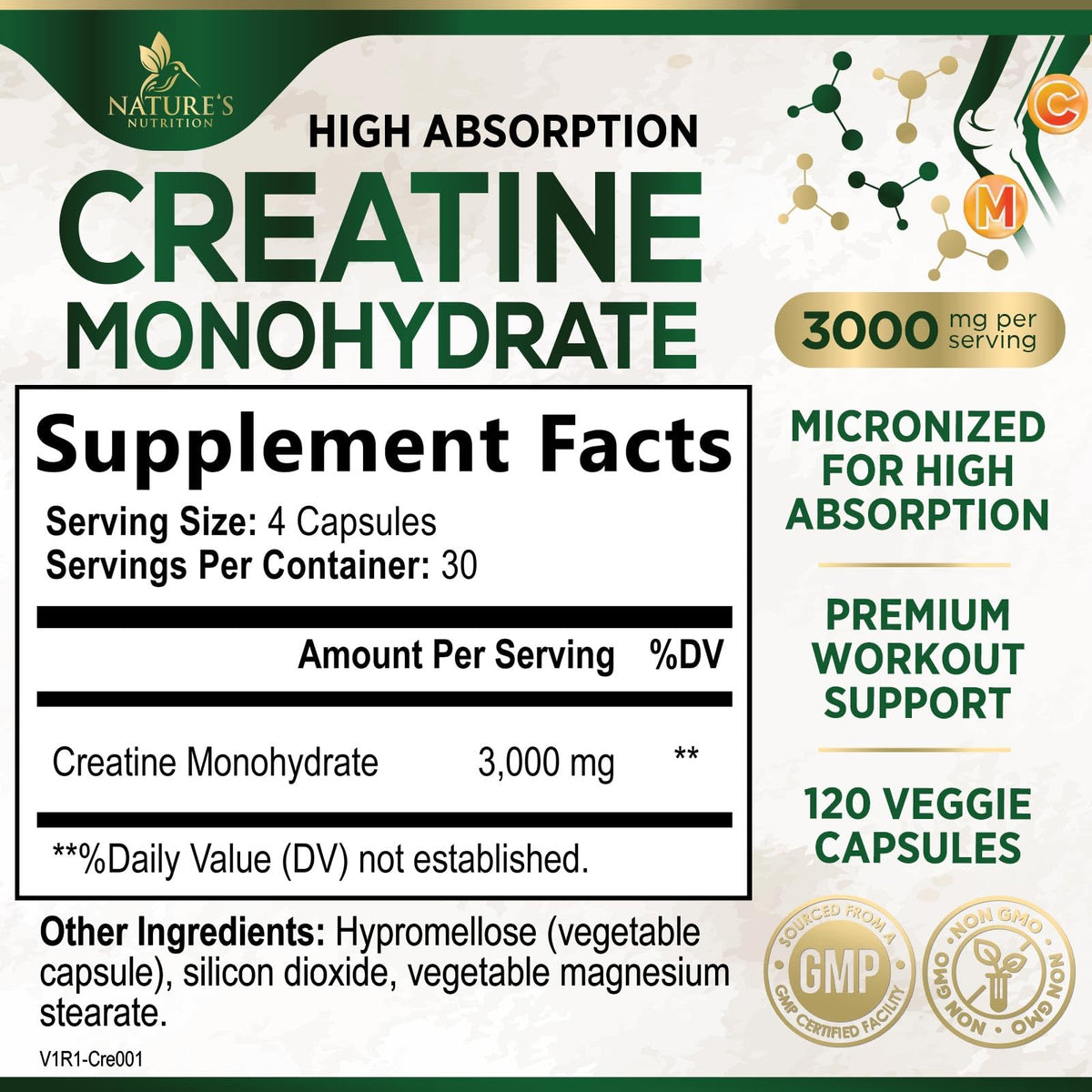 Micronized Creatine Monohydrate 3000mg 120 Capsules F278406