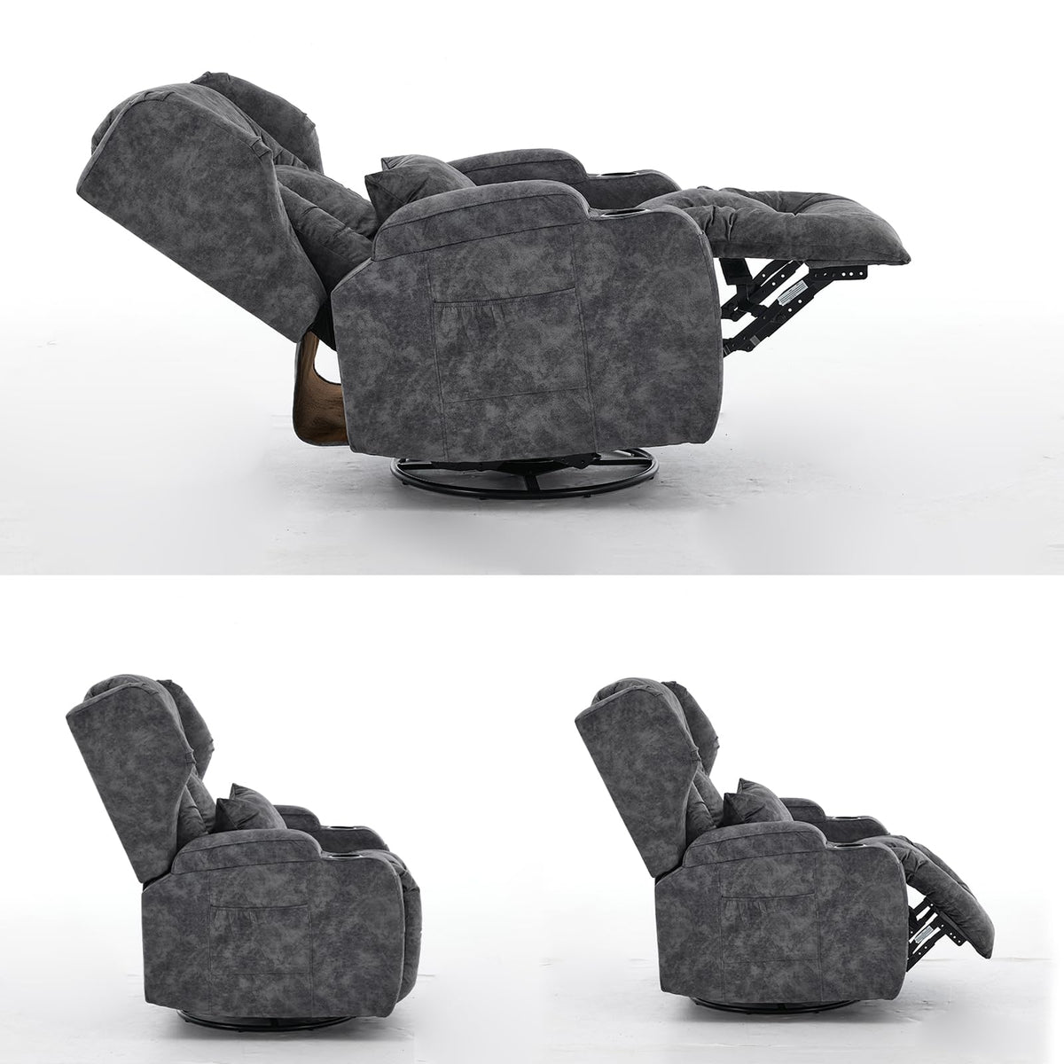 Velvet Gray Swivel Rocker Recliner Chair with Cup Holders J868