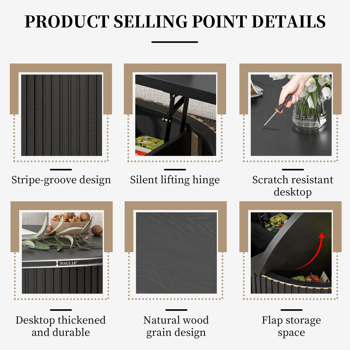 34.6" Fluted Round Lift Top Coffee Table with Hidden Storage, Black L2568