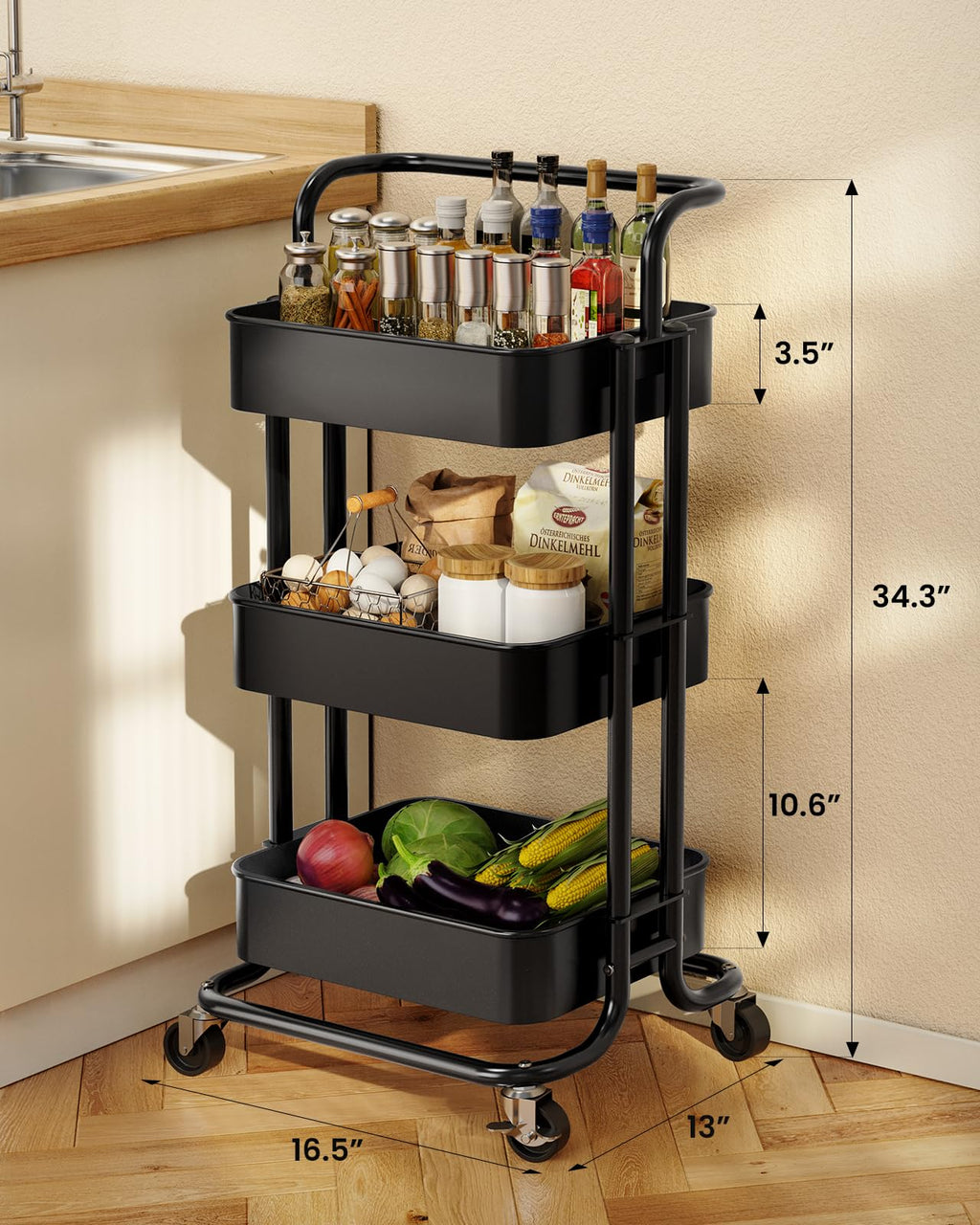 3 Tier Rolling Cart with Handle & 2 Lockable Wheels R100882
